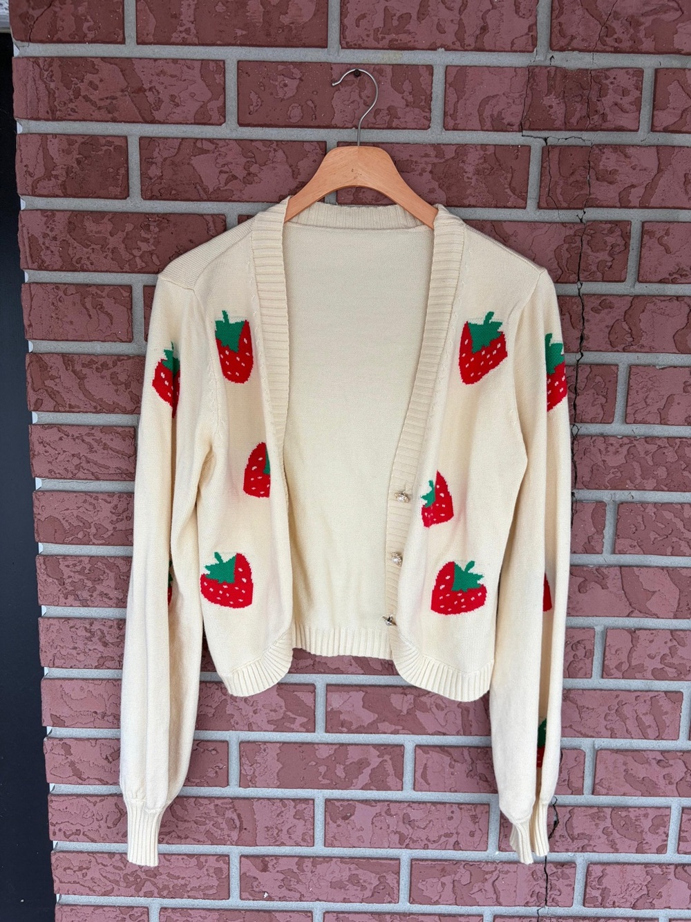 Cream Strawberry Pattern Button-Front Women's Cardigan Sweater